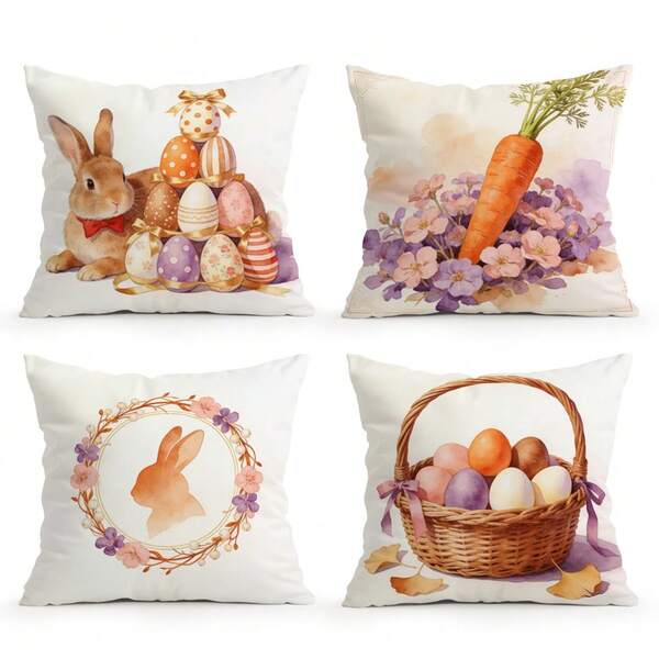 4pcs Easter Theme Vintage Watercolor Warm Brown Orange Rabbit, Carrot, Easter Egg, Floral Pattern Cushion Cover, Single-Sided Print Pillow Case, Suitable For Living Room, Bedroom, Home Decor, All Seasons