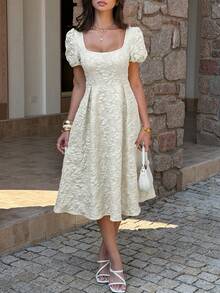 女士春夏优雅方领花瓣袖花卉纹理收腰喇叭下摆中长连衣裙，适合度假、婚礼、派对等场合。 - 米色 - 查看 11