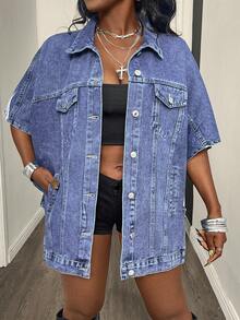Women's Loose Fit Denim Bat Wing Casual Jacket Spring - Blue - View 4