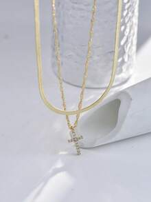 2pcs/Set Fashionable New Gold Stainless Steel Gold Wire Flat Chain & Copper Wave Chain Layered Cross Pendant Necklace - Yellow Gold - View 4