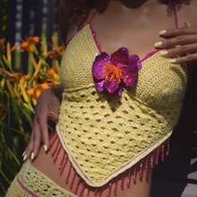 A Must-Have For Beach Vacation Color-Contrast Crocheted Neck-Hanging Set With Fringe, Glittery Flower Top, Pure Desire Style, Spicy Girl's Outfit - 黃色 - 查看 3