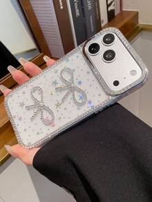 Minimalist Fashionable Star Rhinestone Diamond Bow Phone Case Compatible With IPhone 17 16 15 14 13 12 11 - White - View 2
