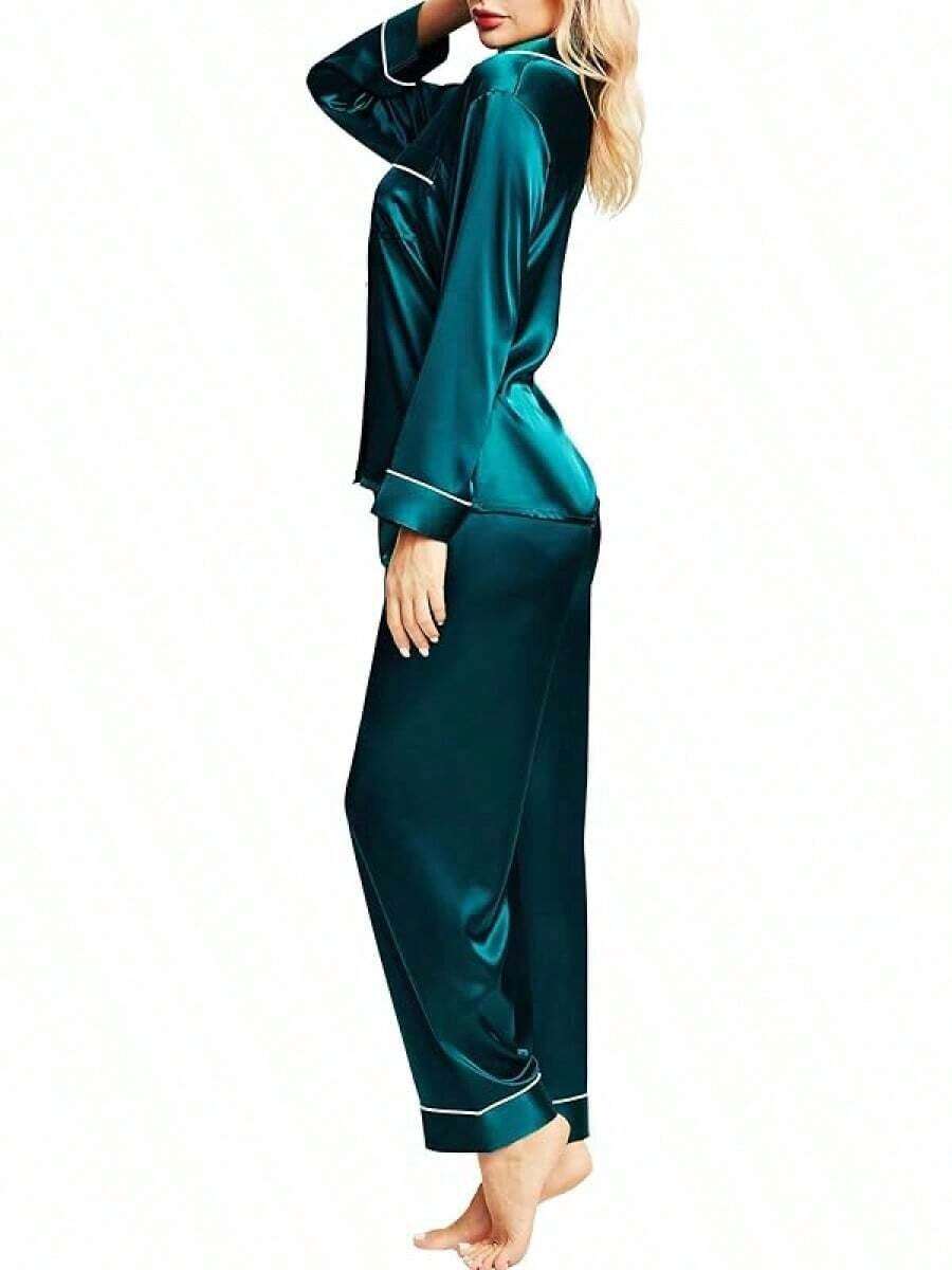 Valentine's Day Limited High-End Fashion Satin Silk Women's Pajama Set Long Sleeve Button-Down Sleepwear XS-3XL Comfortable Warm Loungewear - Màu xanh lam - Xem 1