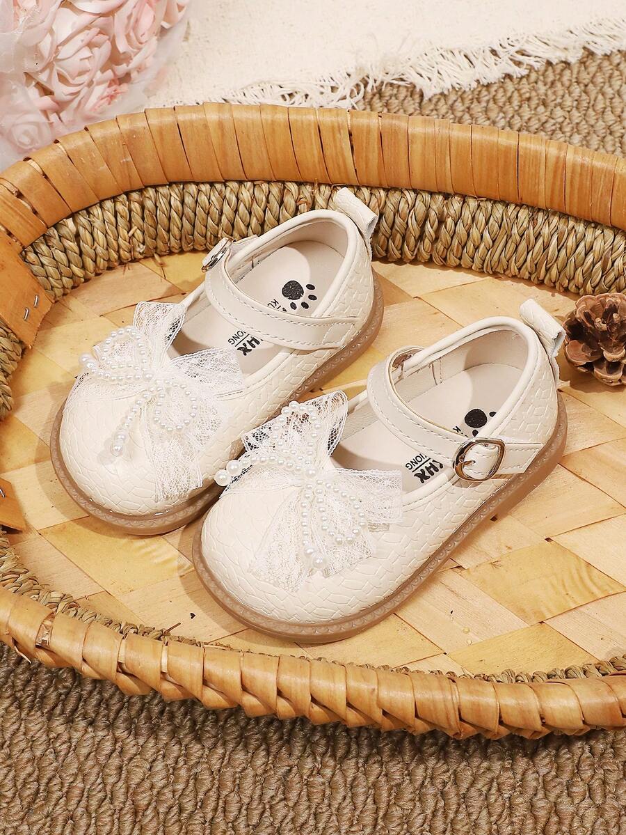 1 Pair Girls' Sweet Pearl Lace Princess Shoes, Soft Sole Anti-Slip, Versatile Breathable Performance Shoes - Beige - View 1