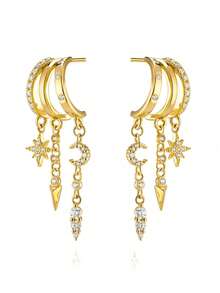 1 Pair Women's Gold Triple Hoop Earrings With Cubic Zirconia Star & Moon Spike Pendant, Multi-Layer Earrings, Low Allergy Bohemian Style Jewelry Gift - Multicolor - View 7