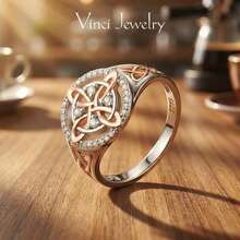 925 Sterling Silver Rose Gold Plated Celtic Knot Ring, Anillo Nudo De Bruja Plata 925 Original Witch Knot Jewelry, Cubic Zirconia Decorated S925 Witches Knot Ring, Witchtok Witch Jewerly Pagan Jewelry For Devotion For Protection - 10 - 查看 1