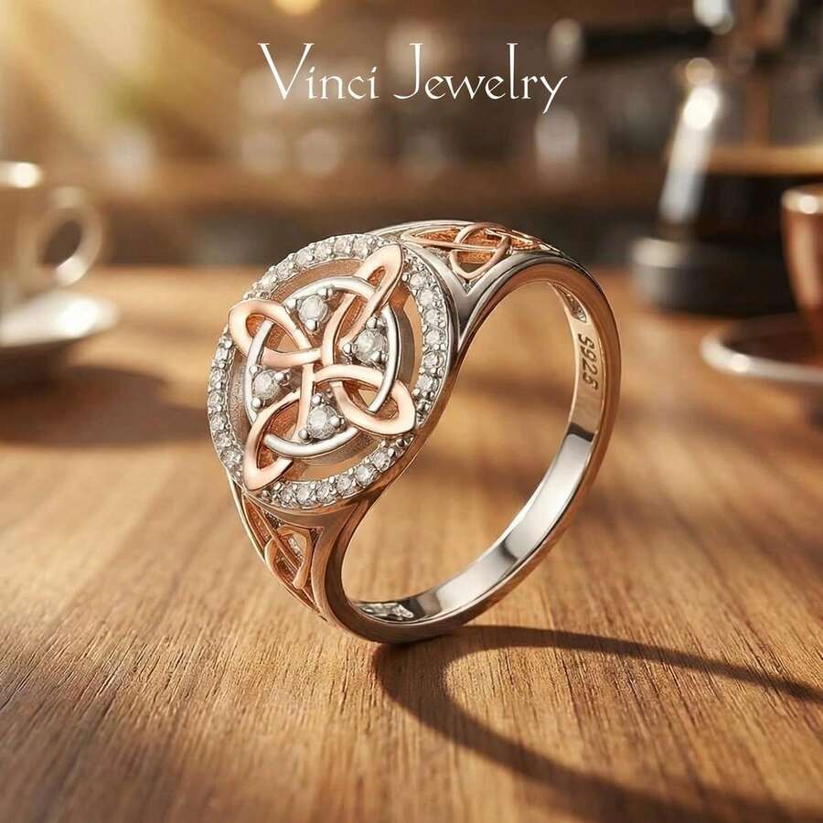 925 Sterling Silver Rose Gold Plated Celtic Knot Ring, Anillo Nudo De Bruja Plata 925 Original Witch Knot Jewelry, Cubic Zirconia Decorated S925 Witches Knot Ring, Witchtok Witch Jewerly Pagan Jewelry For Devotion For Protection - 10 - 查看 1