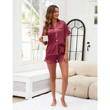 Silk Pajamas, Short Sleeve Button-Down Satin Pajama Set, Ruffle Design - Apricot - View 6