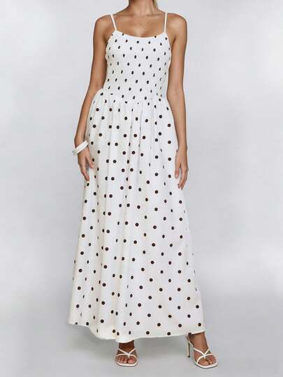 Women Long Dress Dot Print Sleeveless Spaghetti Strap Cami Dress Summer Fashion Casual A-Line Dress