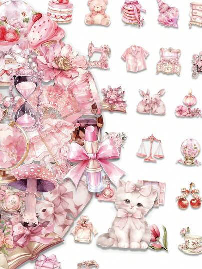 50 piezas Pegatinas de colores pastel rosa, pegatinas creativas de dibujos animados mini para decorar botellas de agua, planificadores, cuadernos y personalización