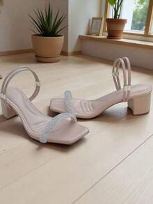 Women's Tropical Party Sandal, PU Leather, Layered Heel, Summer Party - 乾枯玫瑰色 - 查看 4
