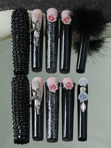 CrystalHola Valentine's Day 10 Pcs Handmade Press-On Nails, Square Long Nails, Y2K Color, Black And Pink Nail Base With Black Pom-Pom, 3D Flowers, Exquisite Accessories, Full Coverage, Removable And Reusable, Durable, Unique Summer Nail Art, A Must-Have Fashion Accessory For Parties And Weddings. Nail Supplies - Multicolor - View 13