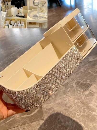 1pc Multi-Functional Storage Box, Luxury Rhinestone Decor, Suitable For Storing Perfume, Lipstick, Makeup Brushes, Dresser, Bathroom, Office Desk, Creative Gift