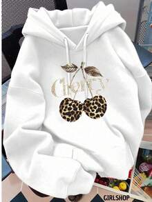 Sudadera con capucha para mujer estilo casual estampado de cereza animal print holgada cuello redondo manga larga otoño invierno uso diario hoodie - Blanco - Ver 1