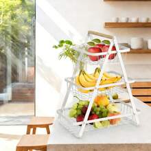 2-Tier / 3-Tier Convertible Fruit Basket Stand - Reinforced Detachable Metal Storage Rack With Wood Handle, Rustproof Ventilated Countertop Organizer For Fruits Vegetables Bread Snacks, Pantry Kitchen Gift Set For Home & Outdoor Picnic.Tiered Fruit Stand, Kitchen Counter Organizer, Pantry Storage Rack, Foldable Wire Basket, Rustproof Kitchen Rack, Ventilated Food Display, Detachable Shelf Organizer, Wood Handle Basket, Space Saving Kitchen, Gift For New Home - 白色 - 查看 11