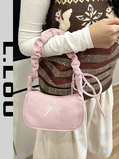 灯芯绒优雅抽绳单肩包，蝴蝶结图案，时尚百搭纯色新款，适合通勤、购物、居家，休闲简约法棍小方包，女士手提包