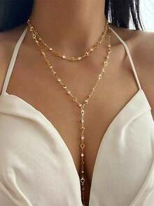 1pc Fashion Personalized French Style Long Fully Rhinestone Tassel Y-Shaped Necklace, Hollow Heart Choker Necklace, Random Color Oval Metal Chain Y-Shaped Necklace, Suitable For Travel, Date, Party And Other Occasions - Gold - View 1