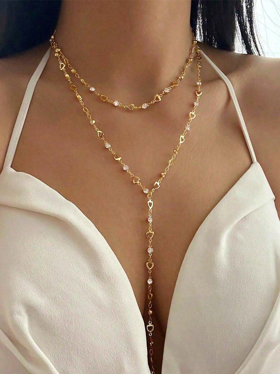 1pc Fashion Personalized French Style Long Fully Rhinestone Tassel Y-Shaped Necklace, Hollow Heart Choker Necklace, Random Color Oval Metal Chain Y-Shaped Necklace, Suitable For Travel, Date, Party And Other Occasions - Gold - View 1