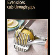 1pc Stainless Steel Tomato Lemon Slicer Stand, Round Fruit Onion Julienne Cutter Guide Clip With Handle, Kitchen Potato Lime Vegetable Slicer Rack - Multicolor - View 3