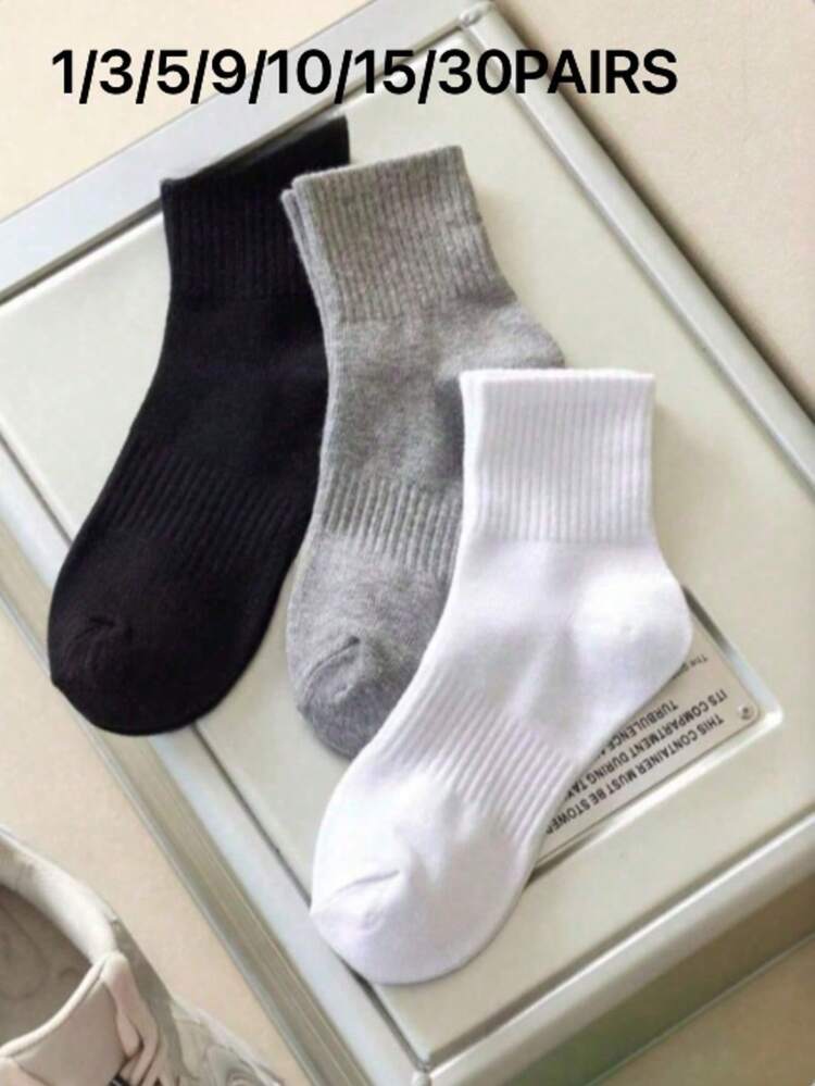 1/3/6双装黑/白/灰纯色双条纹男女通用中筒袜，适合户外活动、休闲穿着，男女通用加厚长袜，适合冬季和秋季穿着。 - 彩色 - 查看 5