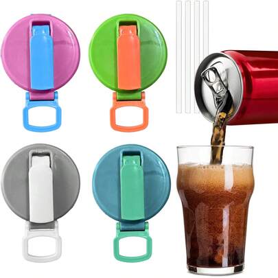 1/4 Packs Reusable Soda Can Lids With Silicone Straws, Keeps Carbonation, Leak-Proof, Fits 2.1" Standard Soda, Beer & Energy Drink Cans (4 Colors)