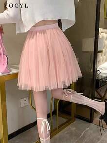 Yooly Mesh Tent A-Shaped Loose High-Waisted Rubber Band Waist Skirt, Daily Casual Fashion Vacation Birthday Party Dating Activities - Pink - View 2