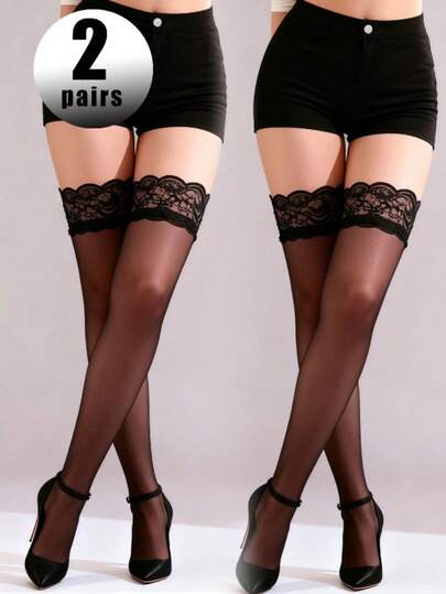 2 Pairs New Sexy Lace Top Thigh High Stockings - Black Sheer Pantyhose Suitable For Dates, Nights Out And Parties