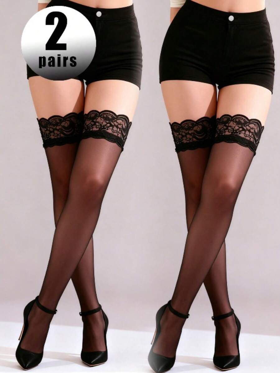 两双新款女士性感蕾丝高筒过膝长筒袜 – 透明黑色长筒袜，适合约会之夜和派对 - 黑色 - 查看 1