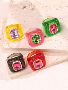 Set de 5 anillos de resina de cristal con bloques de color geométricos, set de anillos asimétricos personalizados para el Día de San Valentín, anillos de mujer coloridos de estilo Y2K adecuados para uso diario, festivales y fiestas - Multicolor - Ver 6