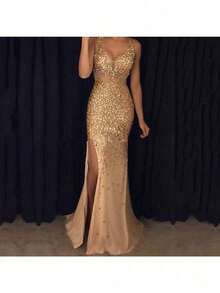 Glitter Gold Flakes High Waist Party Party Party Long Dress Evening Dress Elegant Dress - 金色 - 查看 2