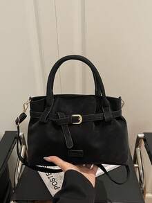 复古麂皮休闲单肩包，大容量手提包，简约时尚水桶包，适合通勤、购物、约会、旅行、办公、商务、生日礼物等场合，拉链封口，可调节肩带，肩带装饰 - 黑色 - 查看 7