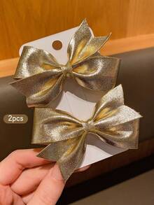2pcs Gold Bow Hairclips, Fashionable Korean Style Sweet Hairpins Suitable For Daily Use - Gold - View 1