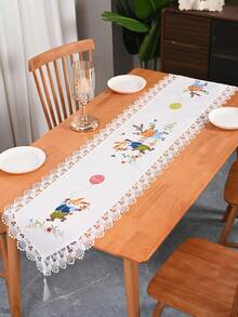 1 Stück Oster-Hase & Ei Ballon Dekor Tischläufer, nordischer minimalistischer Cartoon Polyester Stoff Stickerei mit Hohlspitze Kante Tischläufer, geeignet für Wohnzimmer, Schlafzimmer, Esszimmertisch, TV-Schrank, Sideboard, Kommode - Verschiedenfarbig - Übersicht 1