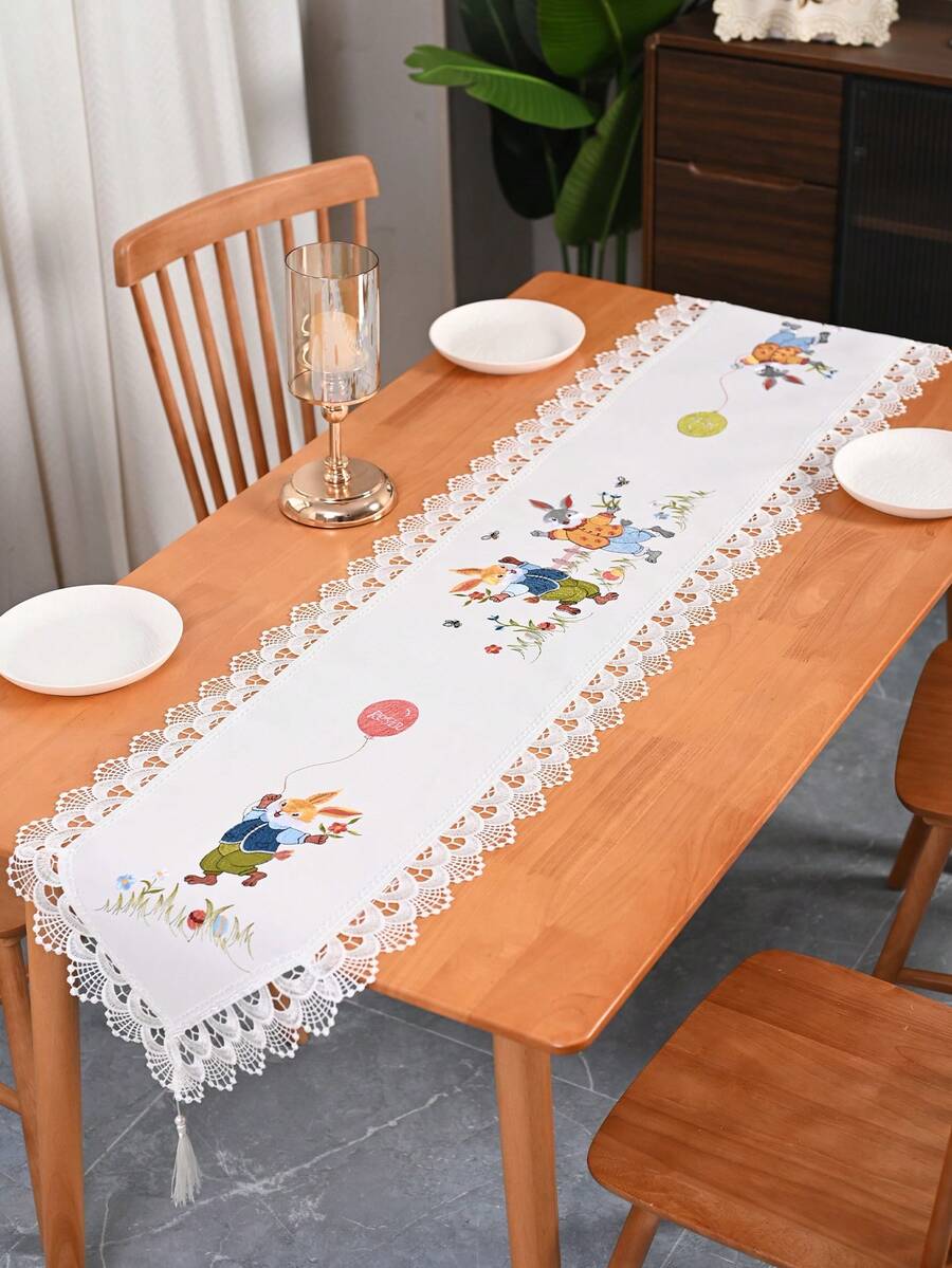 1 Stück Oster-Hase & Ei Ballon Dekor Tischläufer, nordischer minimalistischer Cartoon Polyester Stoff Stickerei mit Hohlspitze Kante Tischläufer, geeignet für Wohnzimmer, Schlafzimmer, Esszimmertisch, TV-Schrank, Sideboard, Kommode - Verschiedenfarbig - Übersicht 1