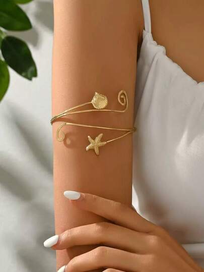 1件装时尚休闲沙滩海洋风海星贝壳可调节手镯，百搭女士配饰，适合沙滩、旅行、度假、沙滩派对等场合。