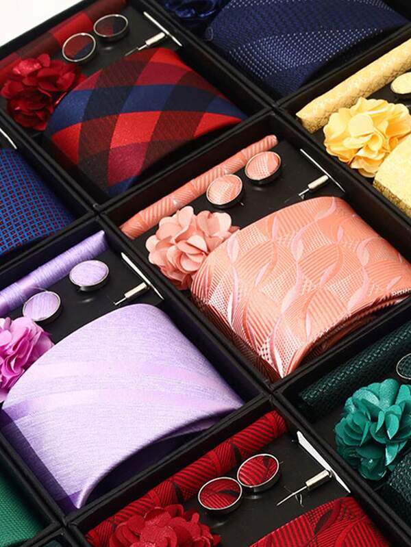 Men's Tie, Pocket Square, Cufflinks, And Boutonniere 4-Piece Set, Classic Accessories For Men's Suits, Suitable For Weddings, Banquets, Parties, Ceremonies, And As Gifts For Valentine's Day And Christmas.