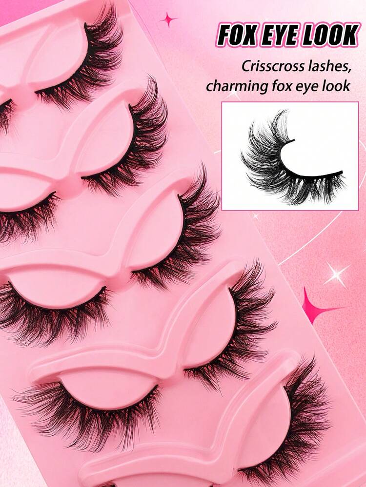 5 Pairs 15mm Faux Mink Fox Eye Cat Eye Wing Tail False Eyelashes - Black - View 7