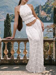 2pcs Chiffon Layered Ruffle Lace Trim Backless Camisole Maxi Dress Set, Romantic Elegant Two Pieces, Suitable For Christmas, Party, Gothic, Wedding And Other Occasions - White - View 10