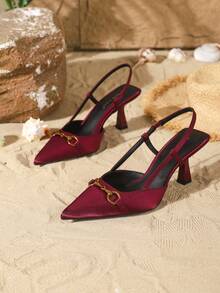On feet& in love Women's Elegant Satin Backstrap Pointed Toe Metal Chain Buckle High Heel Pumps, Suitable For Dresses And Weddings - Burgundy - View 5
