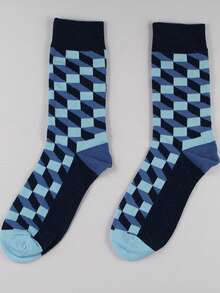 زوج جوارب متوسطة الطول للرجال والنساء بنمط ماسي أزرق داكن، قابلة للتنفس مناسبة للاستخدام اليومي والأعمال في جميع الفصول - متعدد الألوان - مشاهدة 3