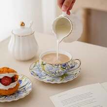 Tea Cup And Saucers 6.4oz Floral Tea Cups With Gold Trim Porcelain Teacup Coffee Cappuccino Espresso Latte Mugs For Party Birthday Party Cafe Home Christmas Gift Blue - 鳶尾花 - 藍色 - 查看 6