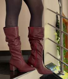 Women's Ruched Boot, Winter Fashion, Lirom Style, With Chunky Square Heel And Comfortable Toe. - Maroon - View 2