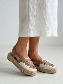 Soraia 女鞋，波西米亞風平底厚底帆布涼鞋，無後跟帆布涼鞋，交叉綁帶設計，編織黃麻鞋底，適合夏季和海灘穿著，盡顯波西米亞風情。 - 卡其色 - 查看 3