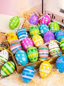 24个/12个复活节树挂饰，彩色塑料复活节彩蛋挂饰，手绘复活节彩蛋树挂饰，篮子DIY工艺品，复活节派对礼物，手工树挂饰，复活节彩蛋节日及派对装饰品 - 彩色 - 查看 2
