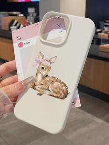 Soft Matte Pink Bow Deer Illustration White Faux Leather Texture TPU Phone Case, Delicate Touch, Anti-Slip, Fingerprint Resistant, Suitable For Daily Use Or As A Gift, Compatible With IPhone, Galaxy S24 Ultra/Galaxy S25 Ultra - White - View 2