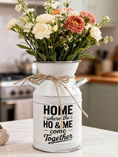Healing Slogan White Iron Milk Pot Vase, Retro Rope Flower Bucket, Balcony Living Room Dried Flower Fresh Flower Vase Decor. HOME Style: Printed With "HOME Where The HO & ME Come Together"