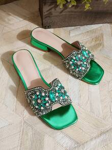 Fashionable New Women Faux Pearl & Rhinestone Decor Strap Open Toe Casual Low Heel Sandals, Versatile For Summer - Cadet Blue - View 3