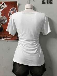 2000s Y2K Style Young Women's Comfortable & Fashionable Casual Loose Letter & Number Print Round Neck T-Shirt, Spring/Summer White - White - View 2