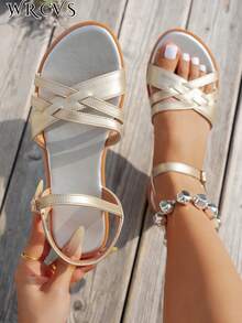 WRCVS 女士金色平底凉鞋，夏季交叉绑带平底凉鞋，性感轻便沙滩凉鞋，波西米亚风度假凉鞋 - 金色 - 查看 2