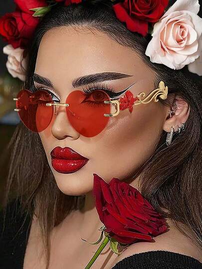 Women's Valentine's Day Special Heart-Shaped Glasses - Romantic Sweet Metal Eyewear With Rose Temples, Perfect For Dating & Photo Shoot, Cute Accessory With Glasses Box